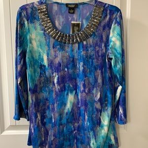 Peck & Peck Knit Tunic top Sequins Beads Blue Aqua Turquoise Scoop Neck S NWT